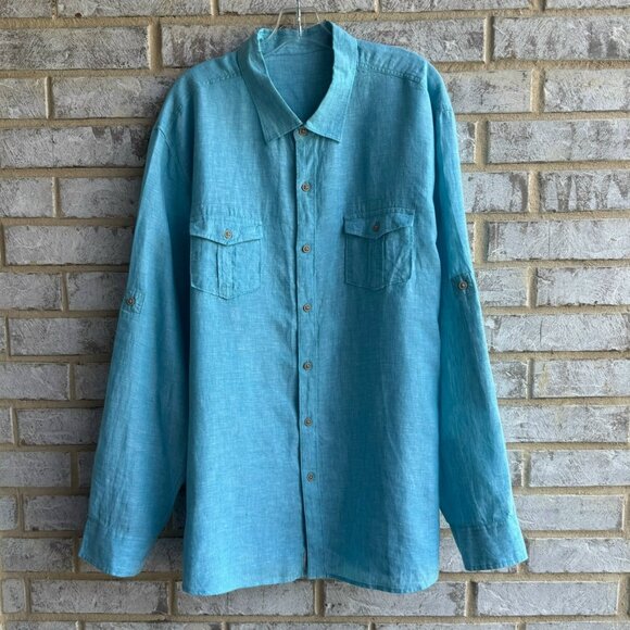 Ocean Coast Long Sleeve Button Up Collared 100% Linen Blue Shirt Men's Size XXL - Picture 1 of 9
